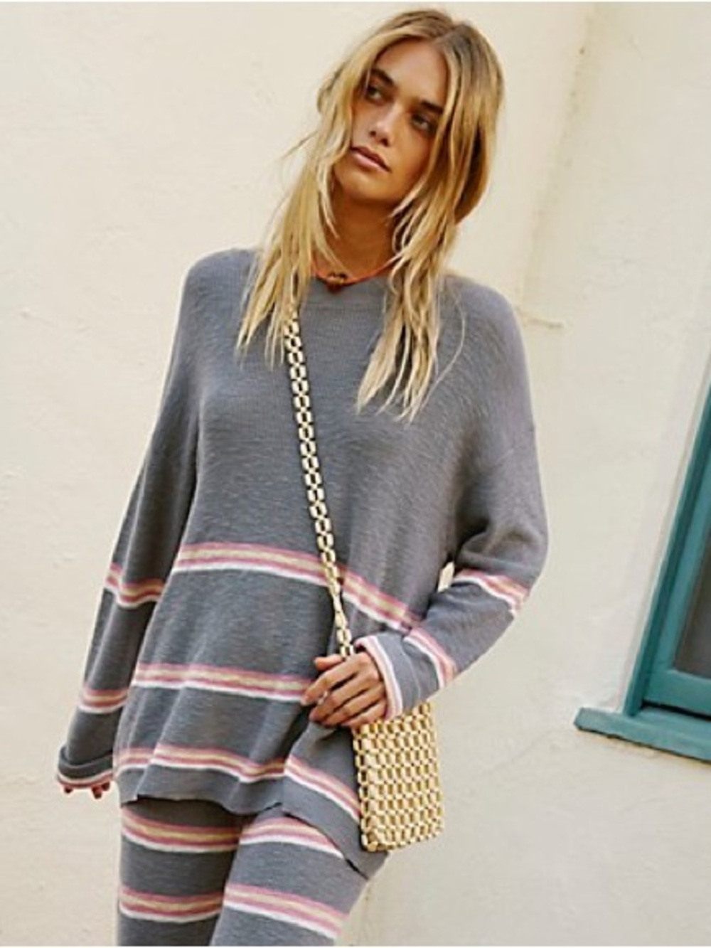 Free People Mariner Grey and Pink Stripe Lightweight Knit Sweater Size Medium